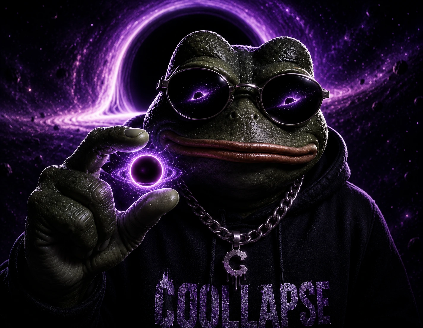 Collapse the frog on a throne, holding a Bitcoin coin